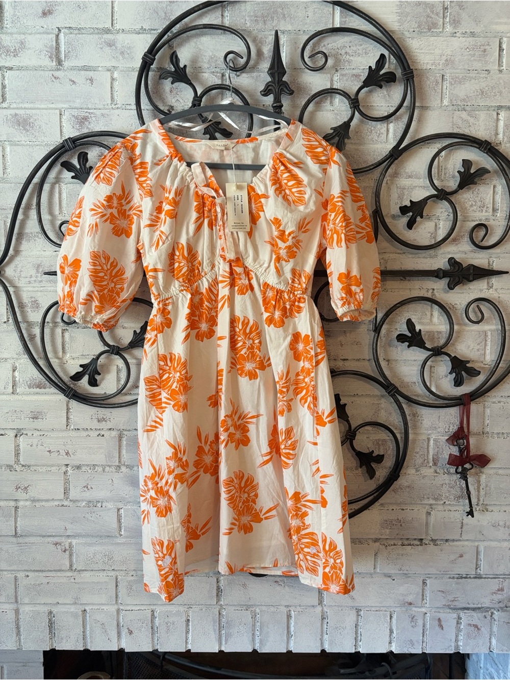 Sim & Sam White & Orange Floral Puff-Sleeve Mini Dress